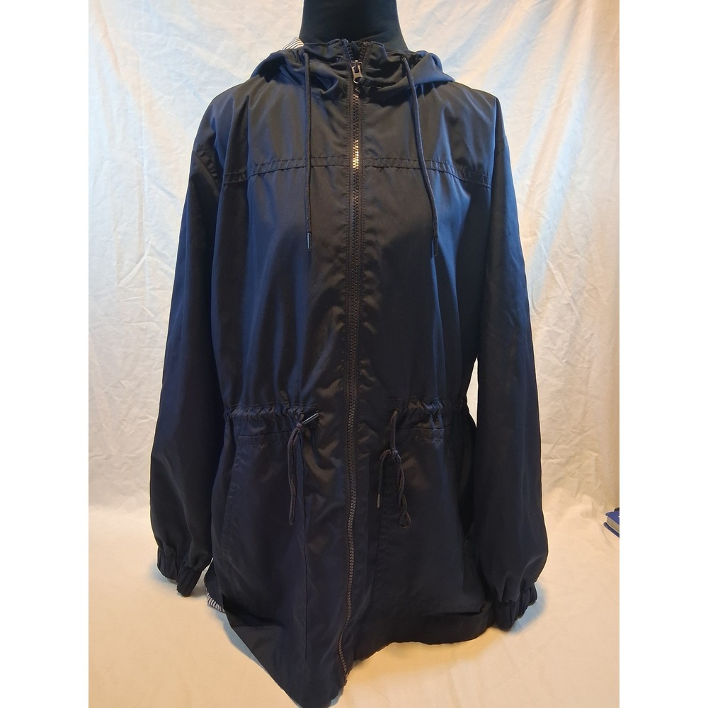 Gap Women Navy Blue Water Resistant Hooded Windbreaker Jacket Large L Striped